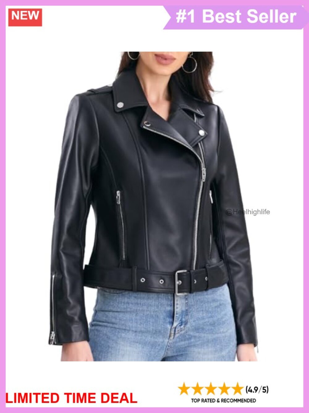 Lambskin Leather Jacket Women Belted Moto Biker Asymmetrical Zip